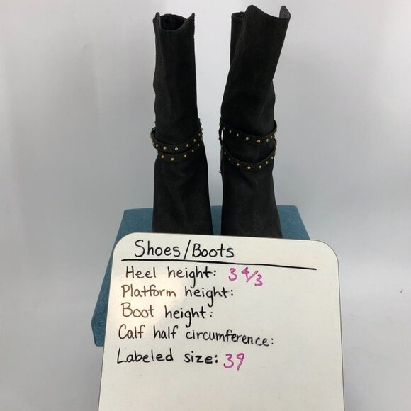 Miu Miu Black Leather Heeled Booties w Gold Studs and Studded Belt Detail size 8 - Picture 11 of 12